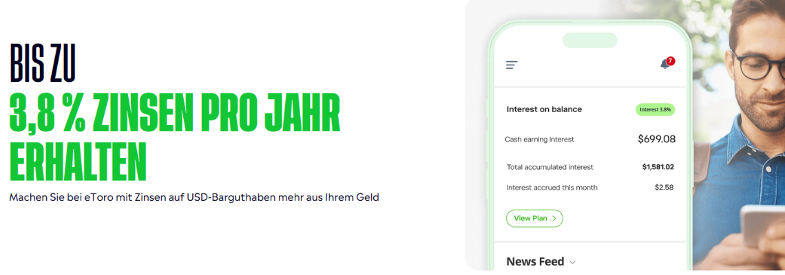 Bis zu 3,8 % Zinsen pro Jahr erhalten bei etoro