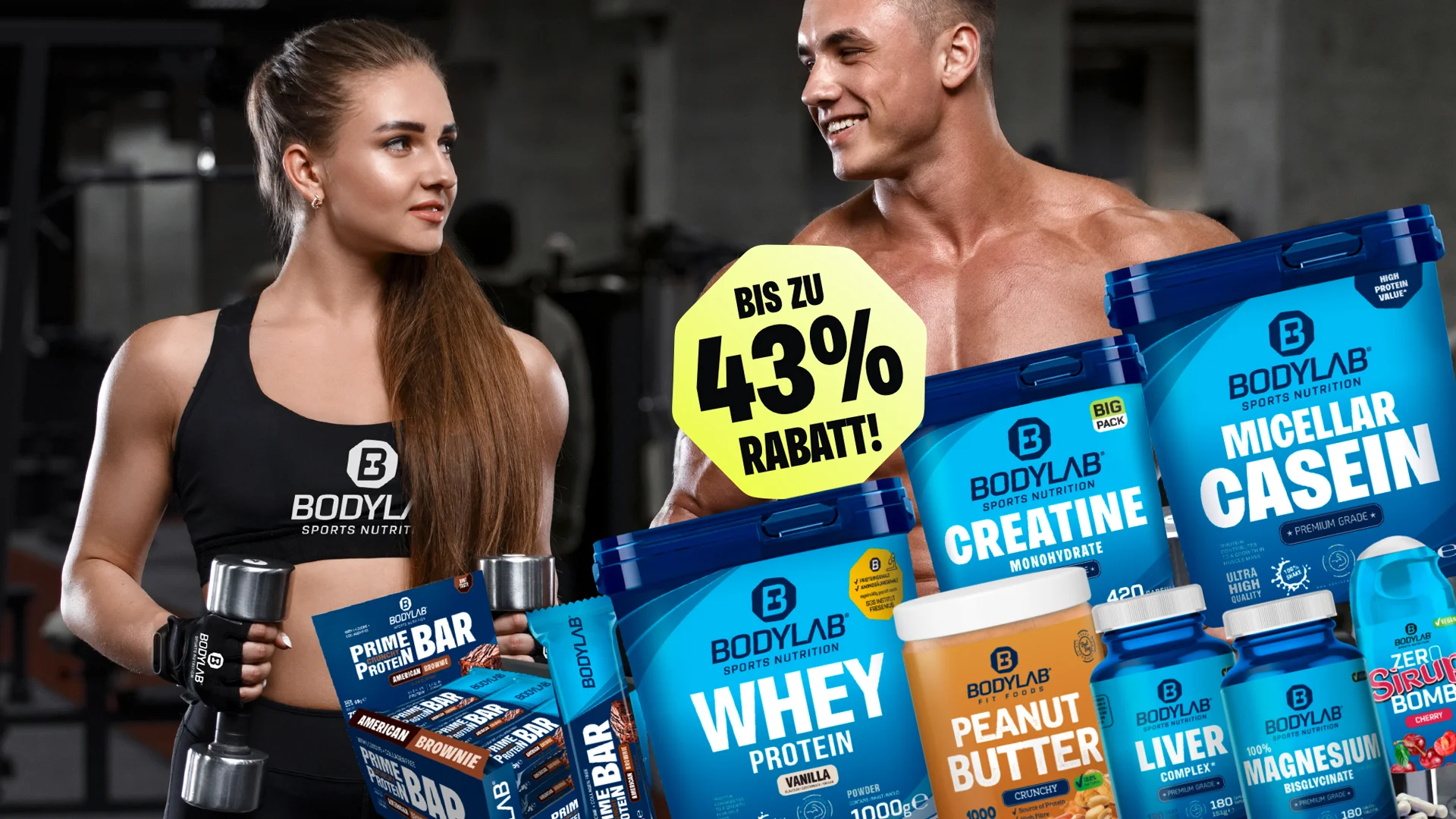 A woman with dumbbells and a man smiling, surrounded by Bodylab products featuring a discount banner.