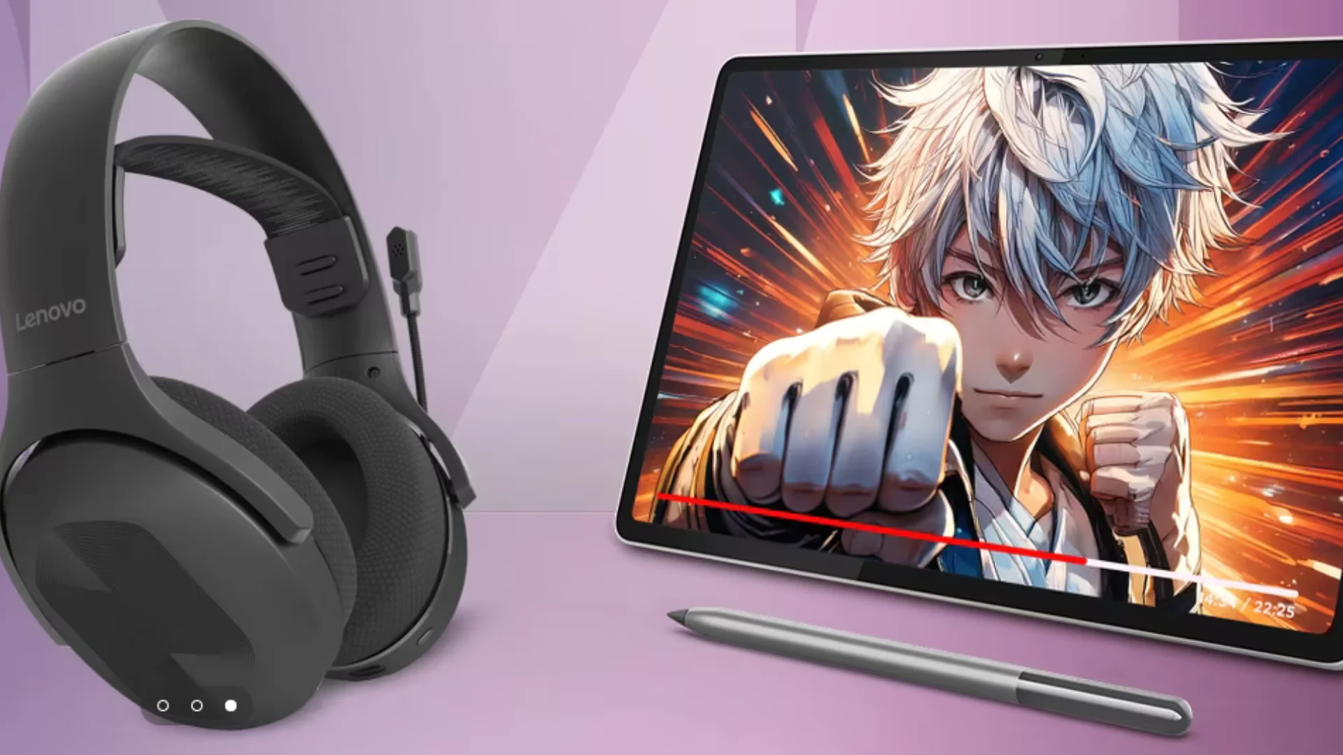 Kopfhörer und Tablet mit animierter Figur, die einen Faustkampf zeigt, daneben ein Stylus auf lila Hintergrund.
